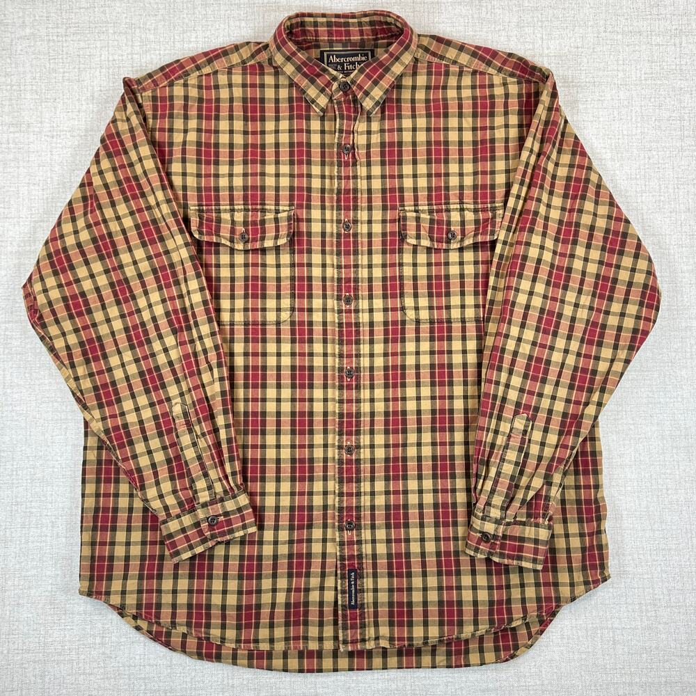 Abercrombie & Fitch Button Down Shirt Men's L‎ Long Sleeve Red Olive Tan Plaid